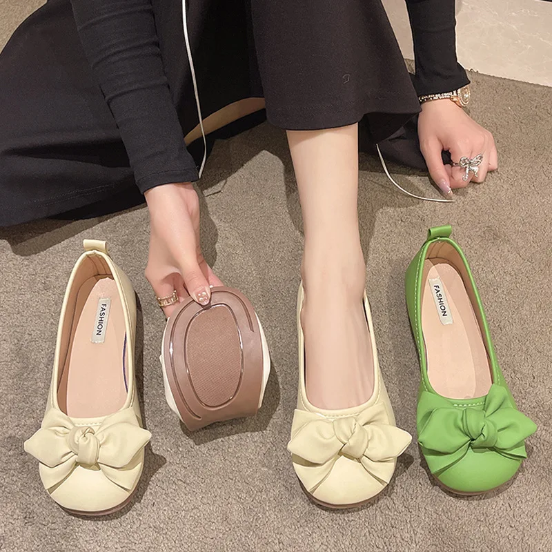 2024 Bowknot Ballet Shoes Women\'s Summer Breathable Loafers Green Flats Moccasin Woman Shallow Slip On Shoes Ladies Mocasines