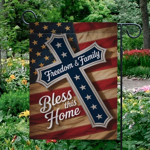 Freedom and Family Bless this Home Garden Flag Patriotic Christian Cross USA IIX WZZ yyi