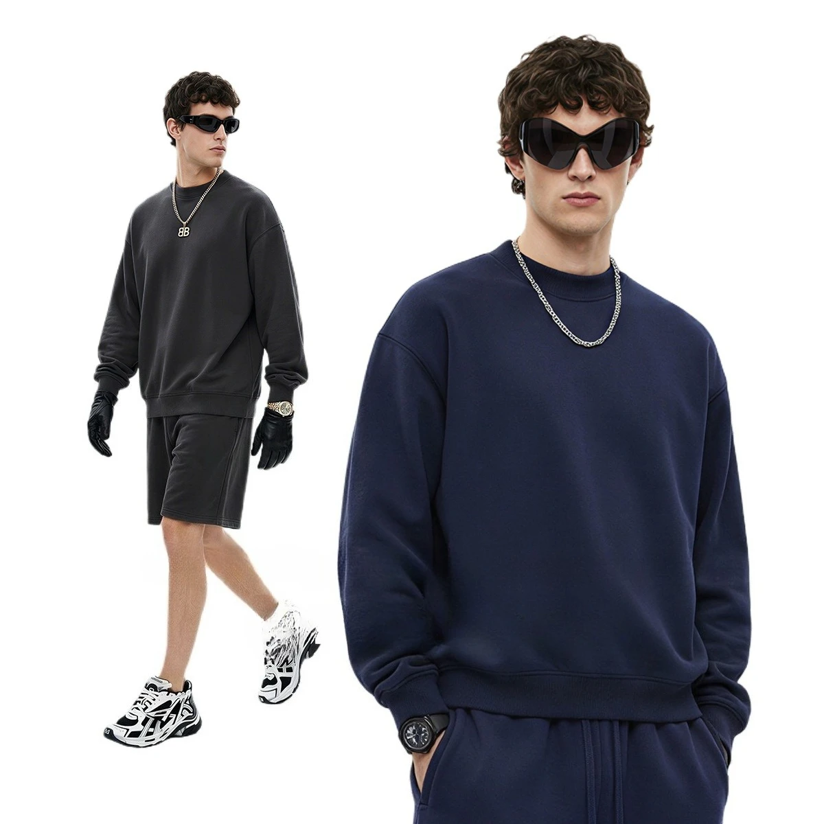 Customized LOGO Men's 2025 Autumn and Winter 345G Heavy Boxy Short and Wide Fleece Semi-turtleneck Sweater Shorts Couple Set