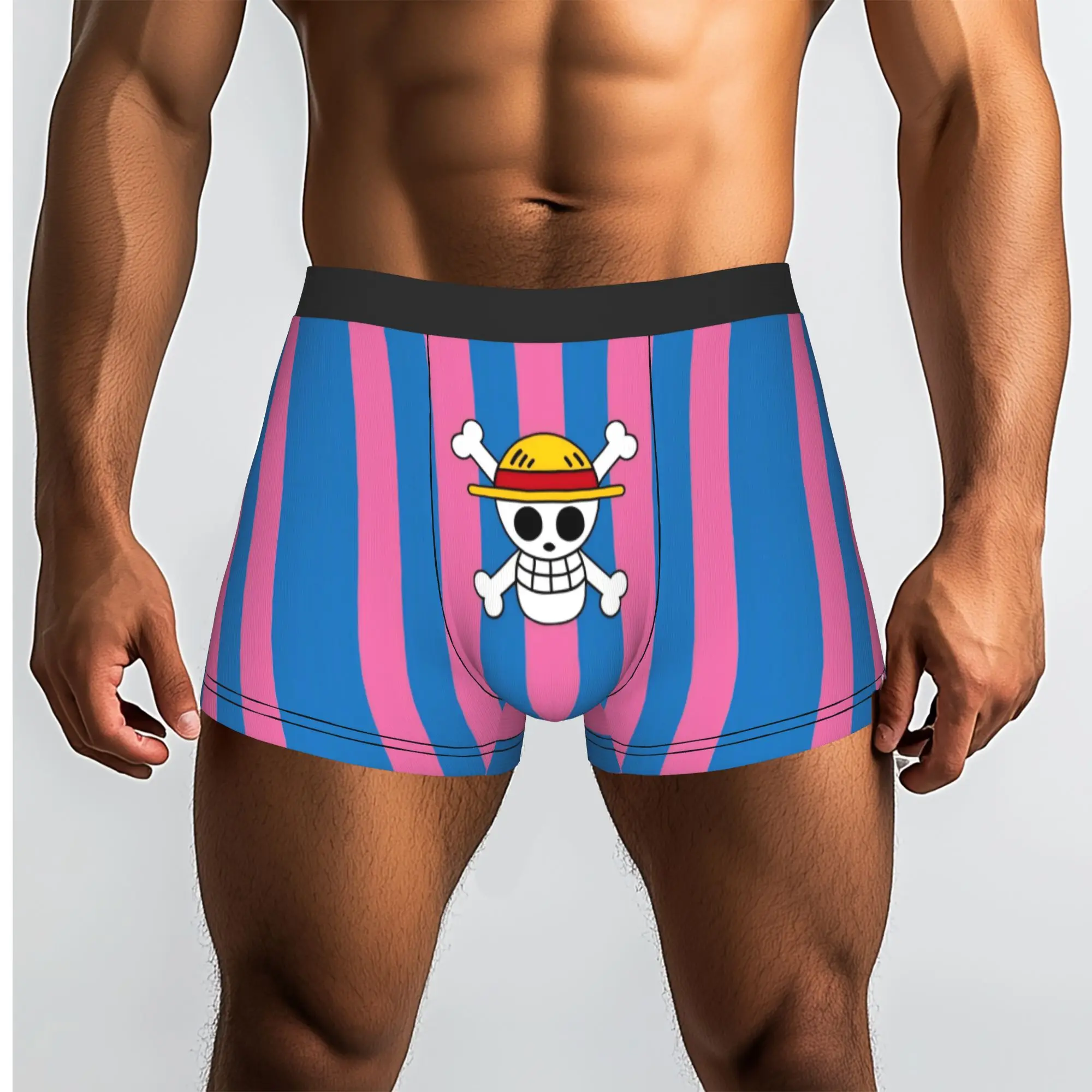 Pink Blue Striped Straw Hat Pirates Symbol One Piece Underpants Homme Panties Man Underwear Print Shorts Boxer Briefs