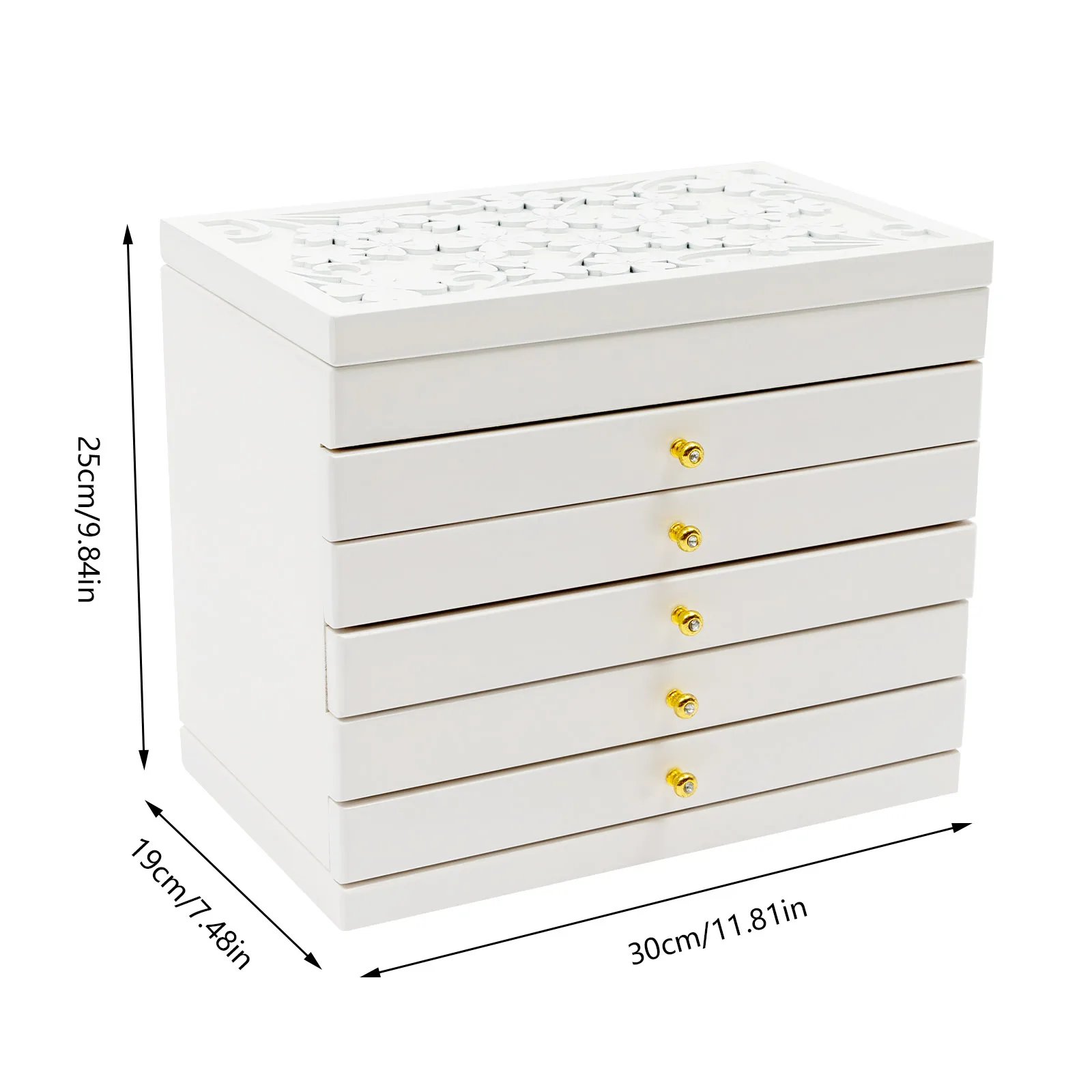 6-Schichtige Schmuck-Aufbewahrungsbox mit Spiegel, Kleeblatt-Gravur, Schmuck-Organizer, Weiß, Vintage-Stil, Aufbewahrungsbox für Ohrringe und Ringe – Detail 15