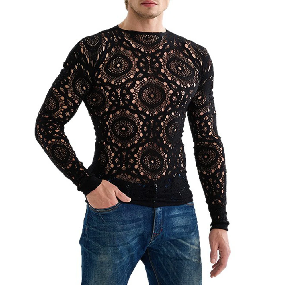Men Sexy Elastic Long Sleeved T-Shirts Hollow Out Mesh Sheer O-neck Clubwear See Through Top Fashion