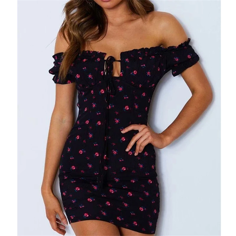 Vestido corto de verano con estampado Floral para mujer, minivestido de oficina con volantes delanteros y hombros descubiertos, cuello de barco