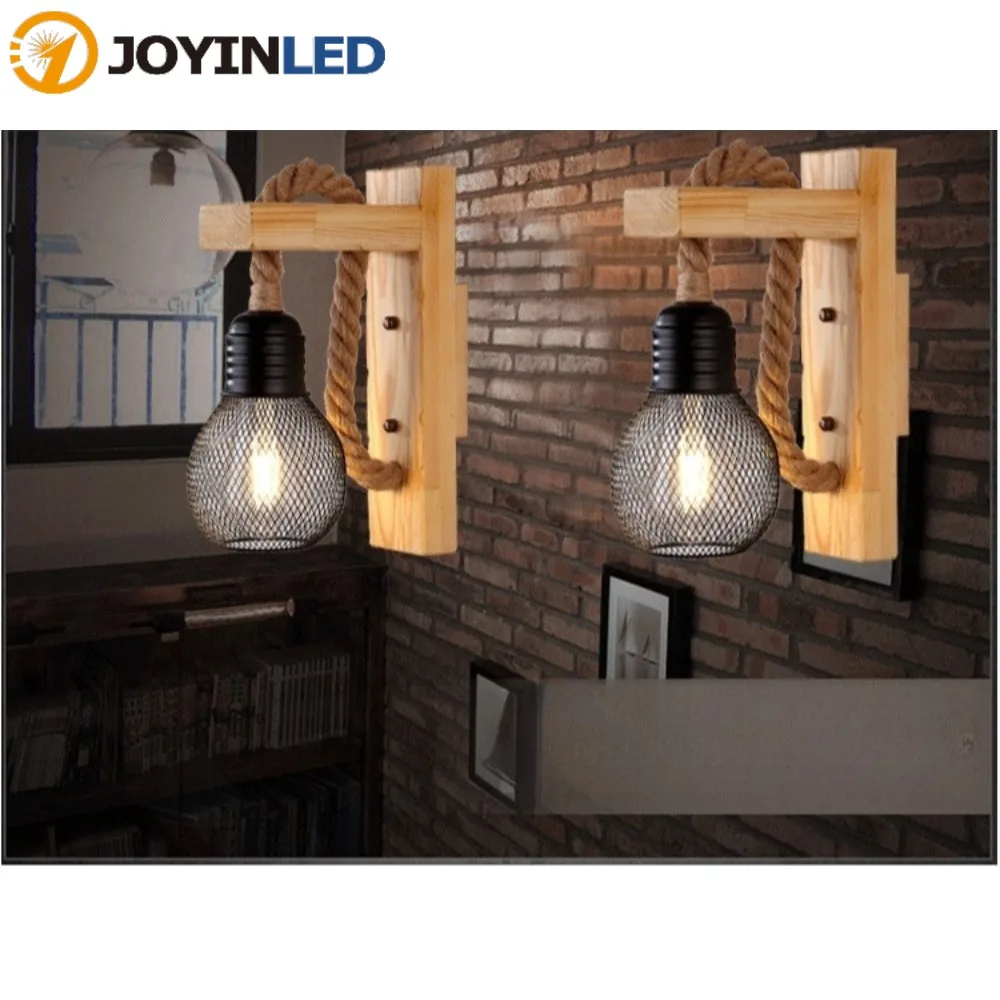 

JOYINLED Industrial Wooden Wall Lamp Vintage Hemp Rope Wall Light Sconce with Black Metal Cage Lampshade 20x30CM Indoor Lighting