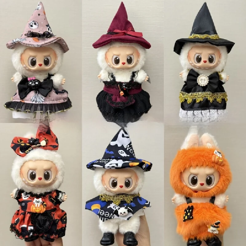 

Комплект одежды для куклы Labubu (17 см), тематика Хэллоуин: тыква, шляпа, платье, праздничные аксессуары для декора (1-го, 2-го, 3-го поколений)