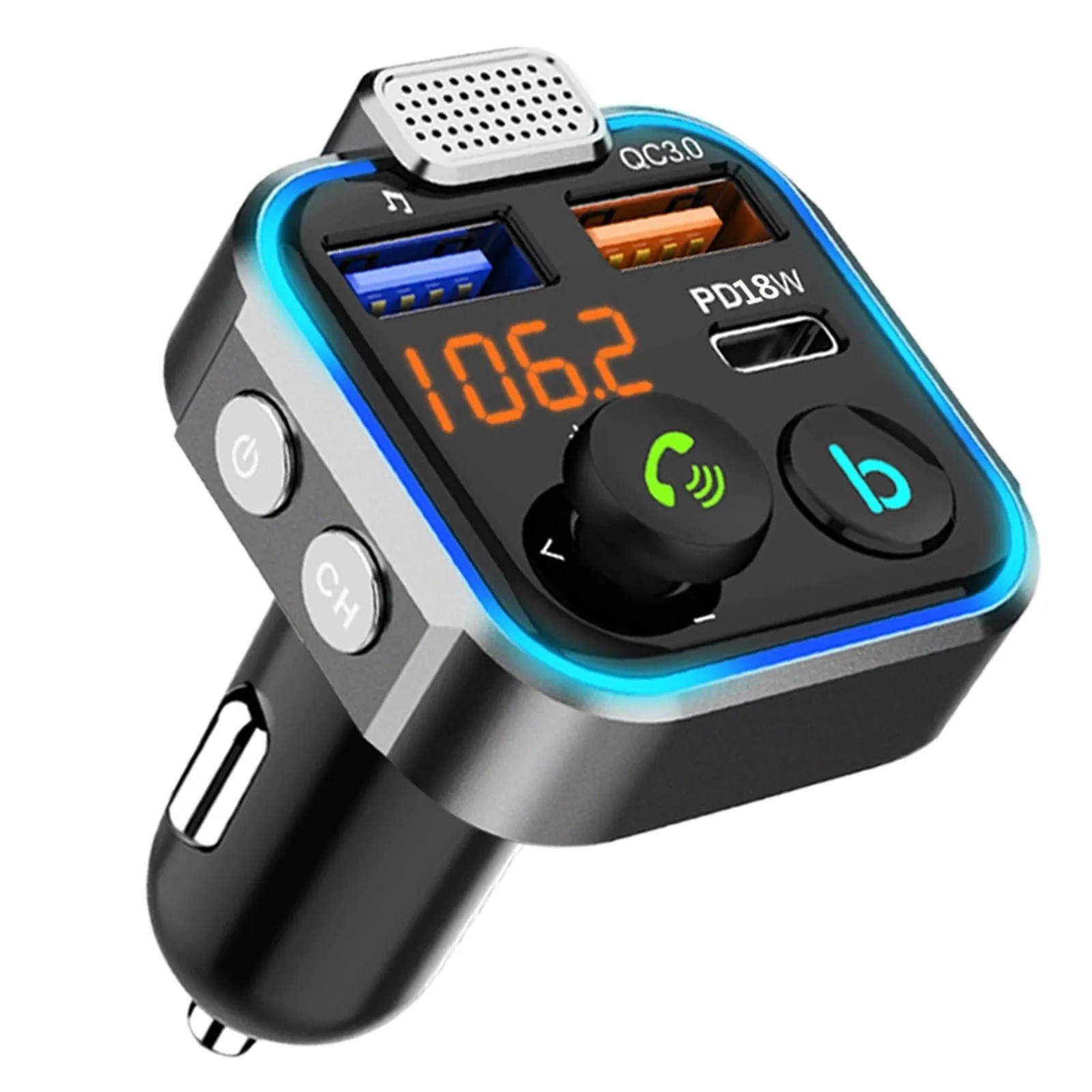 

Cigarette lighter car Bluetooth MP3 lossless sound quality 2USB1PD charging port comes with ambient light Bluetooth 5.0