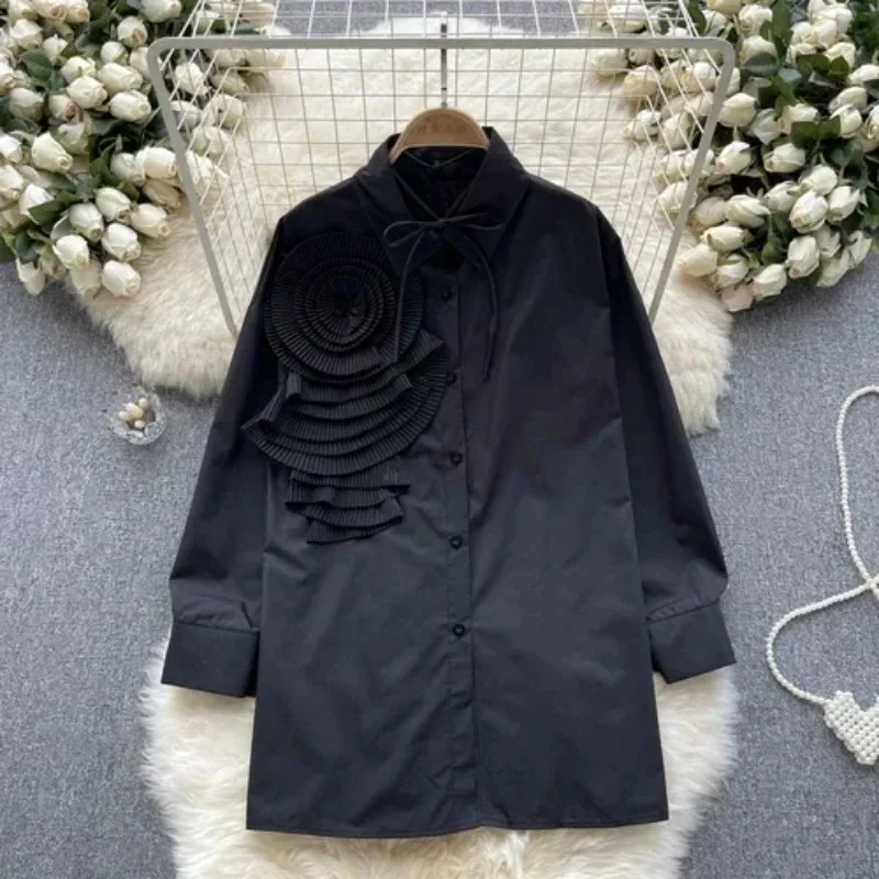 Franse Chic Vrouwen Blouse Mode 3D Bloemen Lange Bladerdeeg Mouw Turn-down Kraag Lace Up Herfst Vrouwelijke Tops Dropship