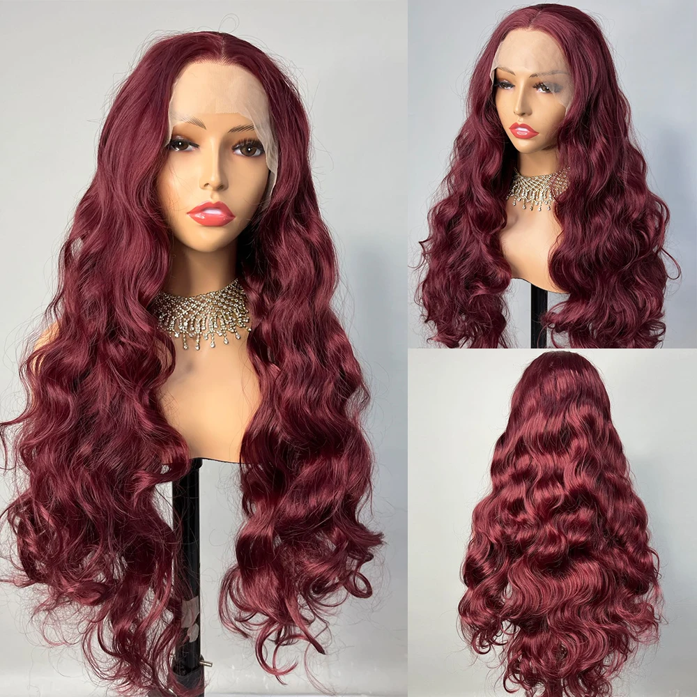 

Wine Red Synthetic Lace Front Wig Body Wave Heat Resistant High Denaity Daily Use Cosplay Wigs For Black Women 180 Density