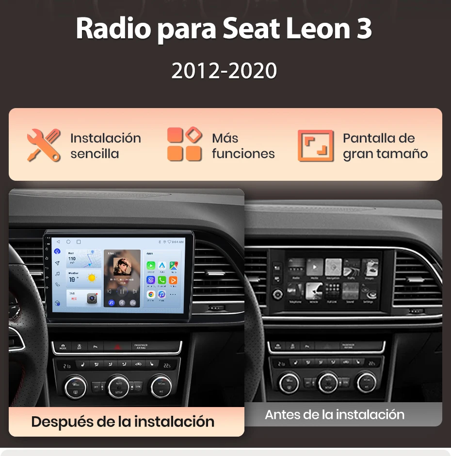 Junsun Autoradio für Seat Leon Mk3 2012 2013-2020, kabelloses CarPlay, Android Auto, intelligente Systeme, IPS/QLED-Touchscreen, 360°-Kamera, DSP, GPS-Navigation, WiFi, DAB+, RDS, FM/RAM, BT, SWC, Plug-and-Play, 2DIN – Detail 2