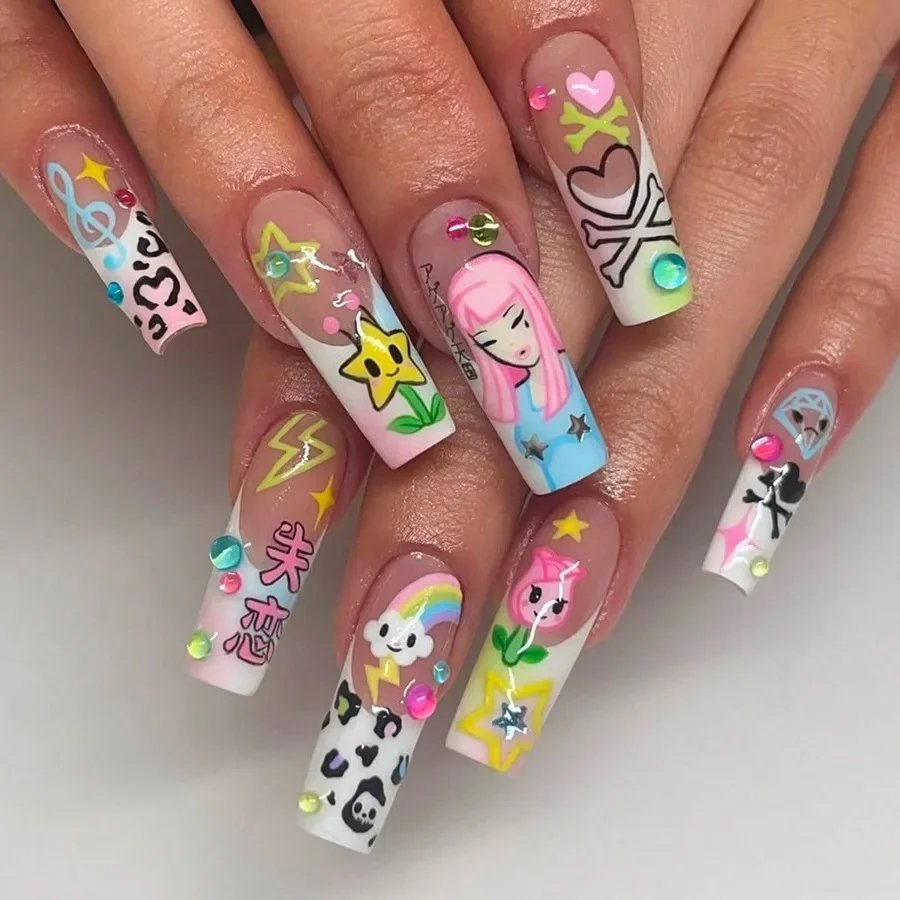 

24 шт. накладных ногтей в стиле Y2K с японскими мультяшными девочками и радужным дизайном, милые многоразовые накладные ногти для повседневного использования