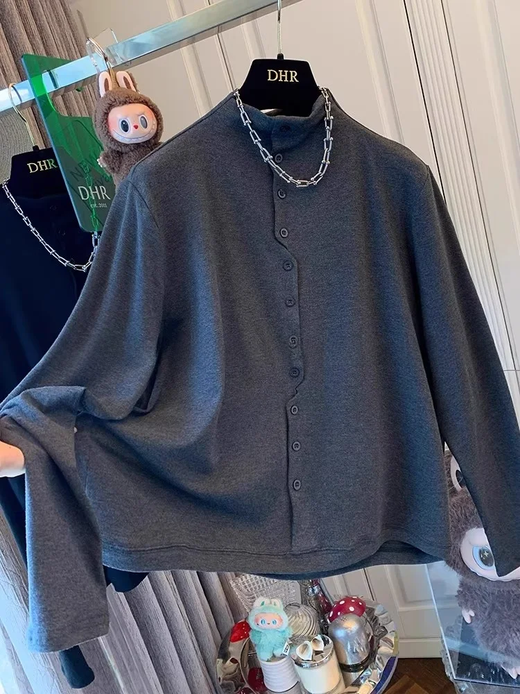 

Женская футболка с длинным рукавом в корейском ретро-стиле на пуговицах, с высоким воротом, свободного кроя, базовый слой, повседневный стиль, осенне-зимний топ