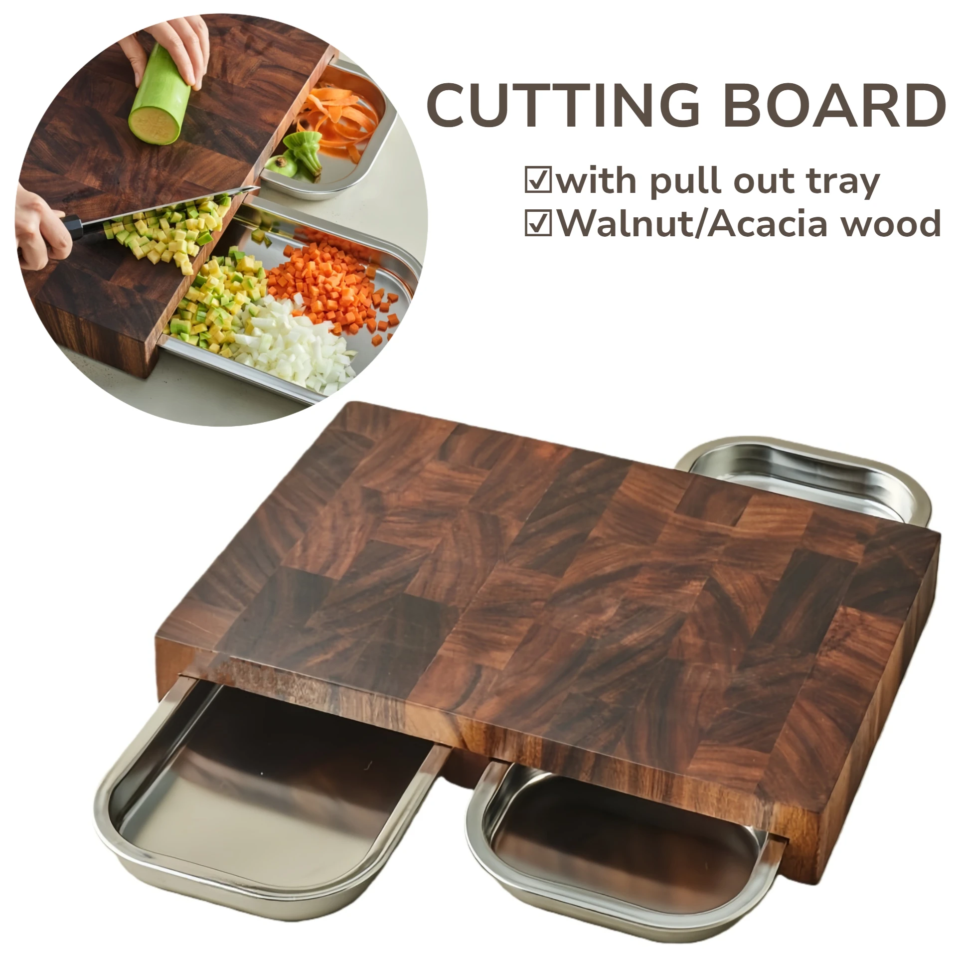 Wood Cutting Board with Pull Out Tray for Kitchen Wood Butcher Block for Vegetables Cheese Chopping Slicing and Dicing