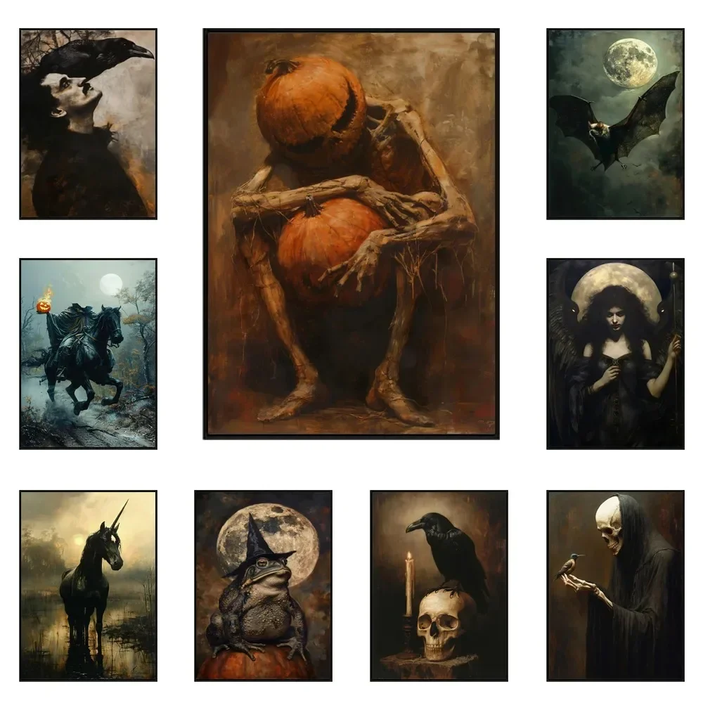 Dark Gothic Art Kürbis Totenkopf Poster und Drucke Dullahan Krähe Fledermaus Halloween Dekor Leinwand Wandgemälde für Horror Festival