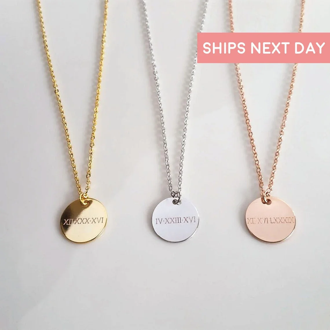 

Delicate Rose Gold Necklace Custom Engraved Gift Personalized Disc Necklace Roman Numeral Necklace Engagement Necklace