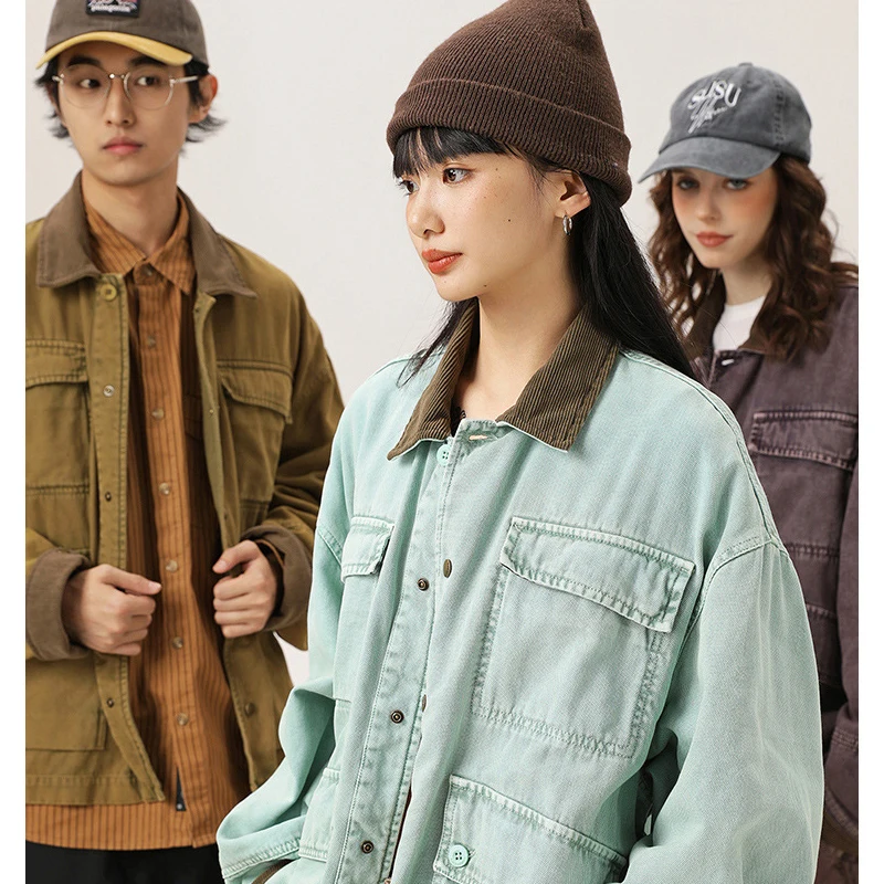 Men's Heavyweight Vintage Washed Workwear Jacket, Oversized Multi-Pocket Chore Coat with Corduroy Collar, Unisex Casual Streetwe