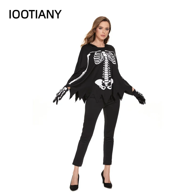 Iootiany Halloween Carnival Party Horror Skeleton Pants Set Adult Women Gothic Skeleton Cape Day Of The Dead Vampire Costume