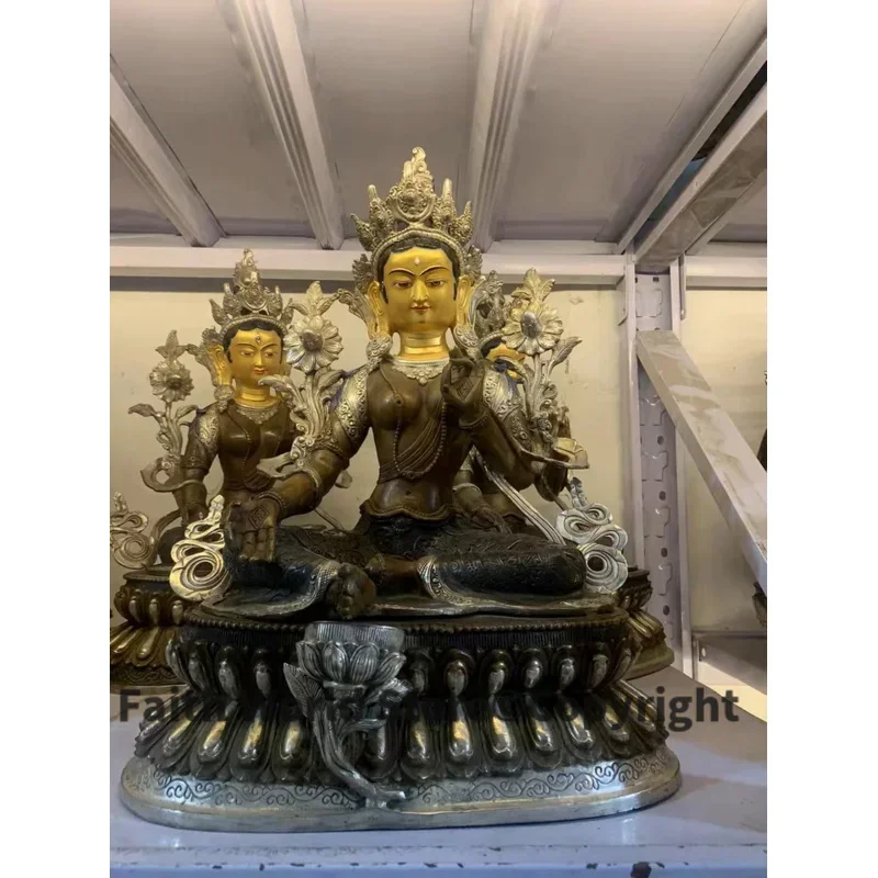 Huge LARGE # HOME hall efficacious Protection Talisman Tibetan Buddhism silver-plated gilt Green Tara buddha figure statue