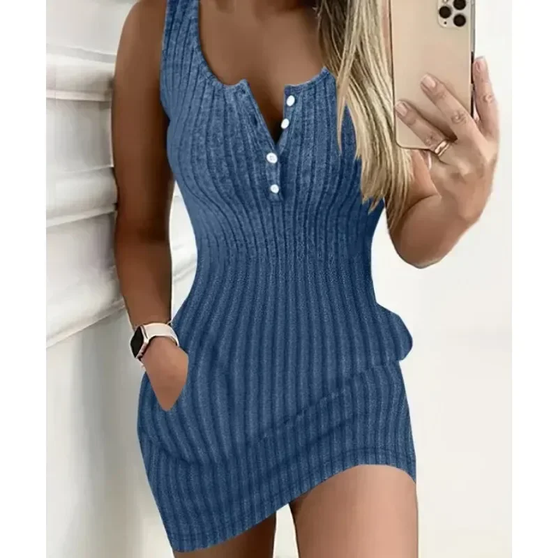 

Button Front With Pocket Tank Dress Elegant Sleeveless Bodycon Dress For Spring Summer Women's Clothing