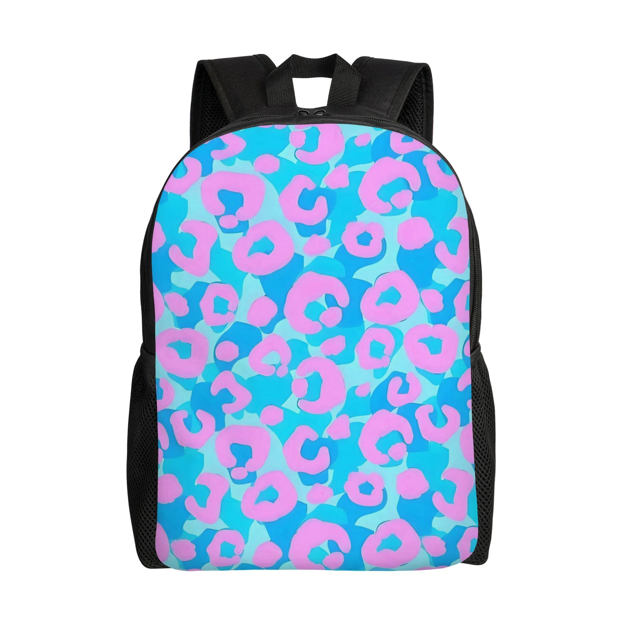 Mochila masculina moderna com estampa de leopardo azul turquesa e rosa - mochila escolar de camada única com alças pretas reforçadas.