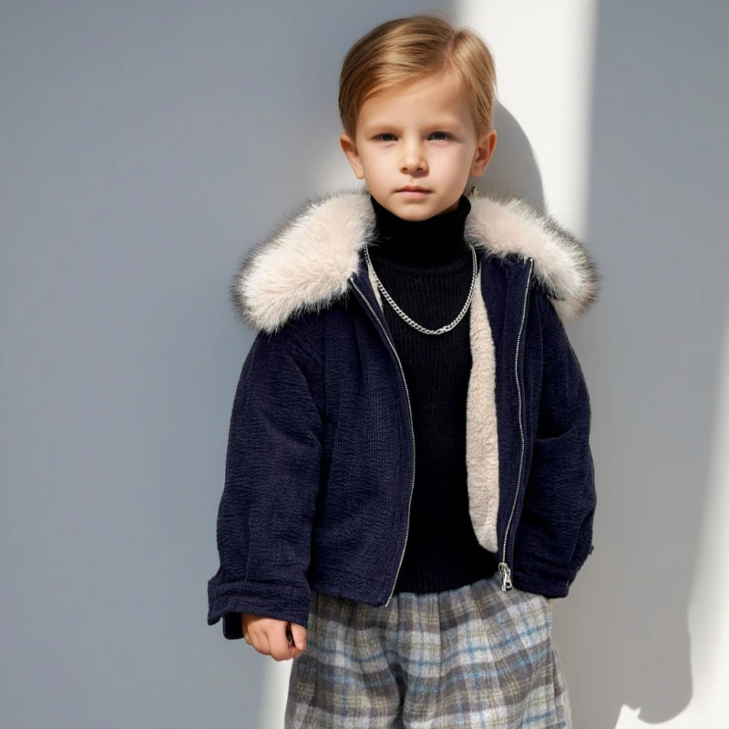 

Winter Teen Boy Faux Leather Jacket Fashion Navy Blue Warm Fleece Lined with Fur Collar Coat for Kids School Windproof Outerwear