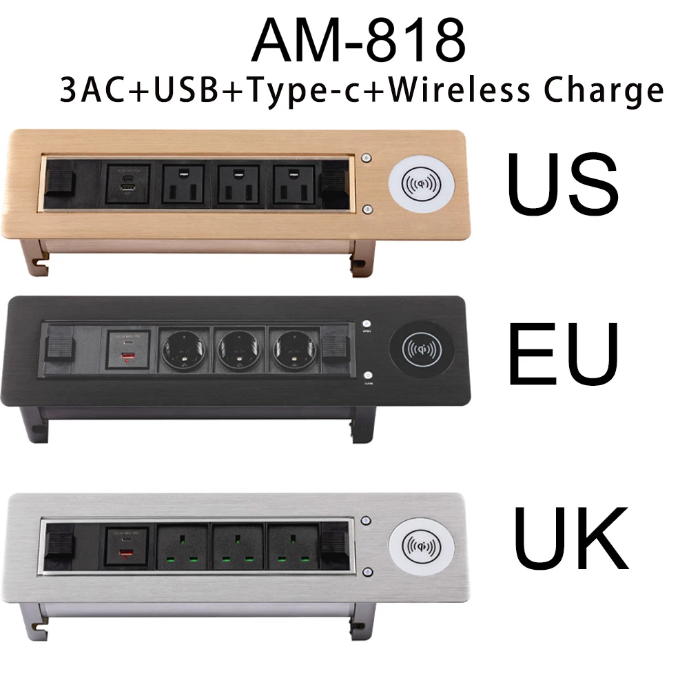 MANLEIKE Table Socket Desk Outlet Embedded Auto-Hidden Socket Office Desktop 3AC Plug Outlet With Wireless Charge/USB/Type-C