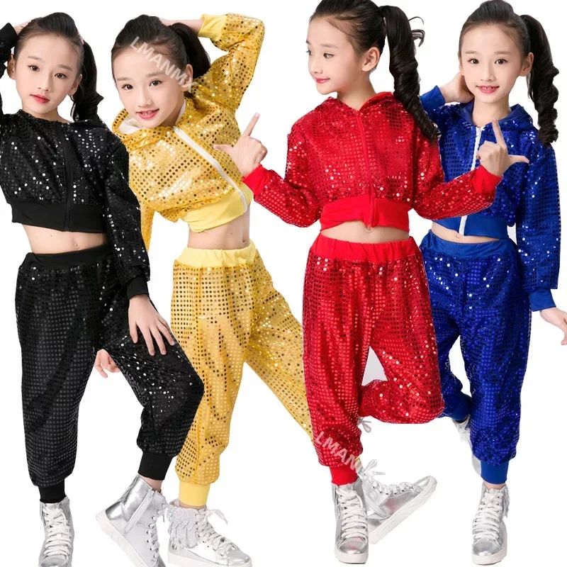 Children Sequins Jazz Dance Modern Cheerleading Hip Hop Costume For Kids Boy Girls Crop Top And Pant Performance Outfits Clothes