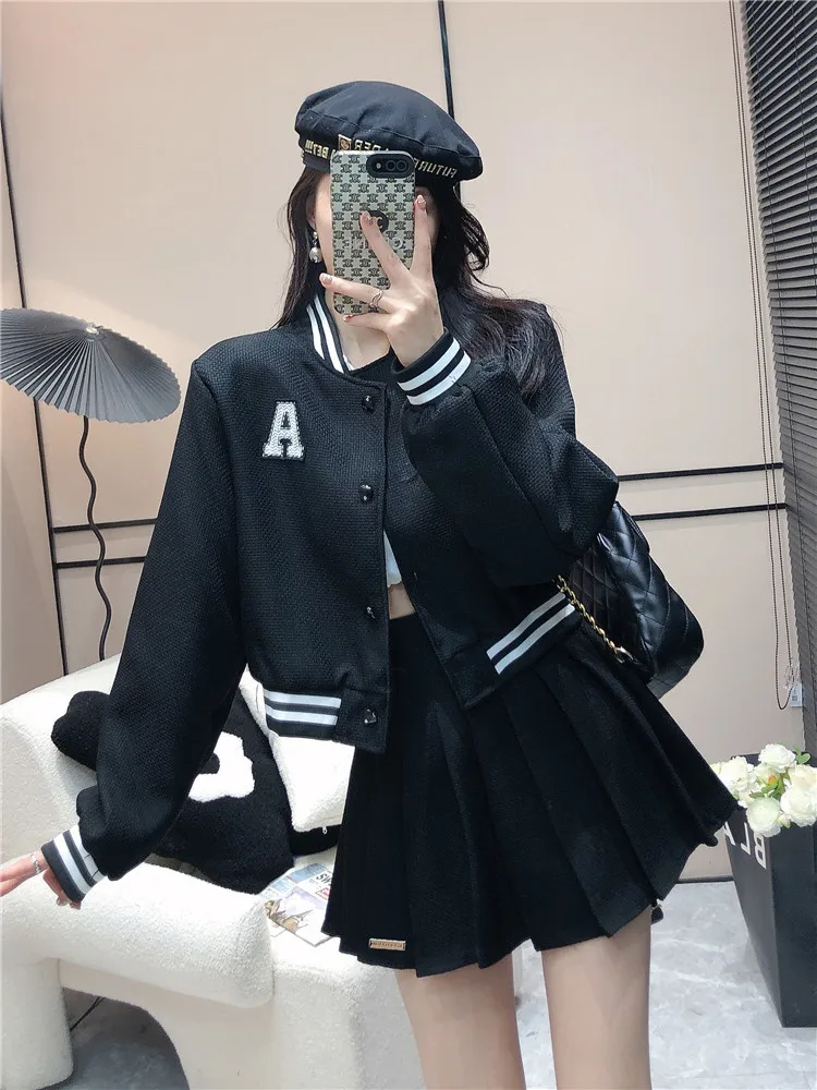 Gothic Cropped Baseball Jackets + Pleated skirt Suits Women Two piece sets Fashion Streetwear Vintage Aesthetic Bomber Autumn