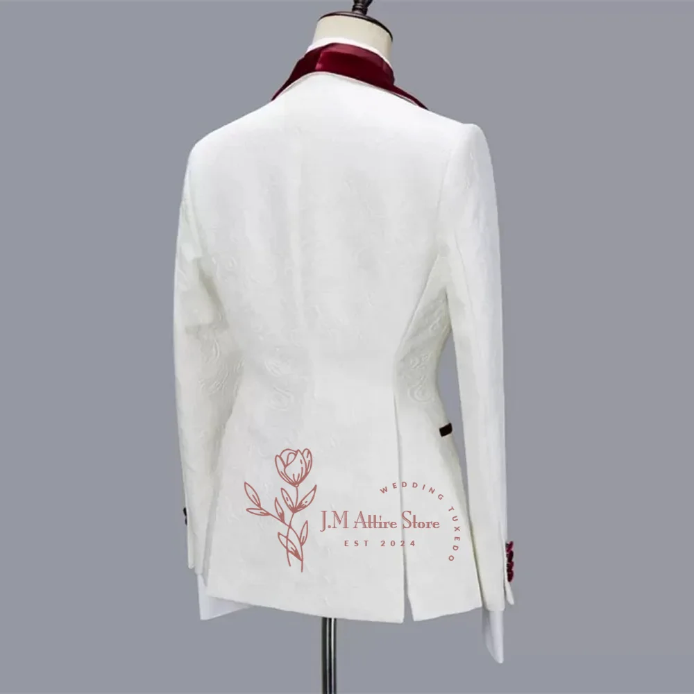 Men Suits 3 PCS Set White Jacquard Velvet Shawl Lapel Blazer Vest Black Pants for Wedding Groom Prom Dinner Party Custom Tuxedo