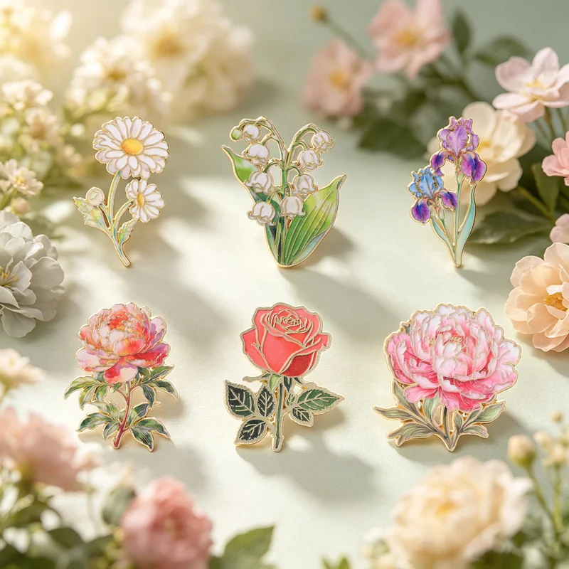 Floral Badges Dragon Peacock UV Printing Pin Hydrangea Peony Rose Daisy Lily of the Valley Iris Brooch Nature Accessories