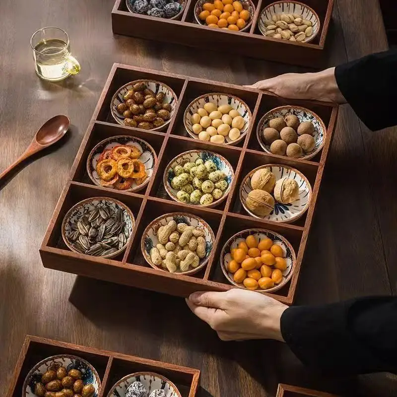 

Винтажное блюдо-поднос с девятью секциями для дома и кухни, для хот-пота, барбекю, гарниров, деревянный поднос, разделенный поднос для закусок, тарелка для сухофруктов