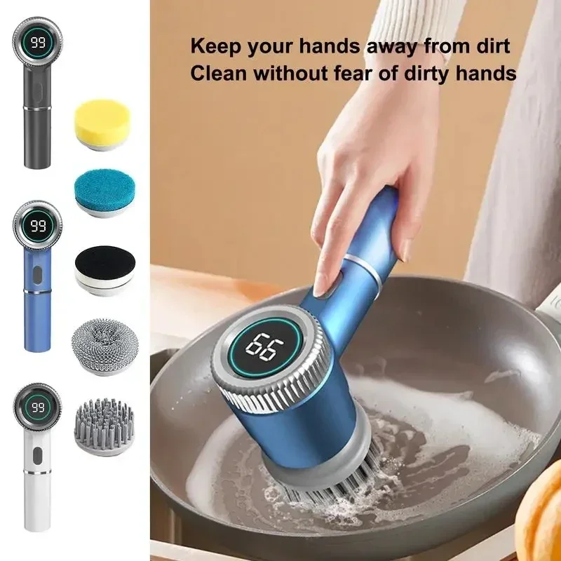 5 Brush Head Handheld Rechargeable Electric Cleaning Brush Multifunctional Kitchen Bathroom Hot Sink Toilet Portable Clean Brush