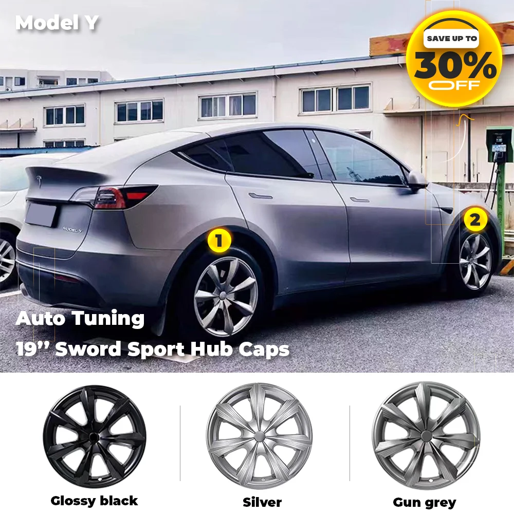 

4pcs Hub Caps For Tesla Model Y 2020- 2024 19 inch Sword Wheel Cover Glossy Black Grey Full Rim Cover Tesla Tuning Accessories