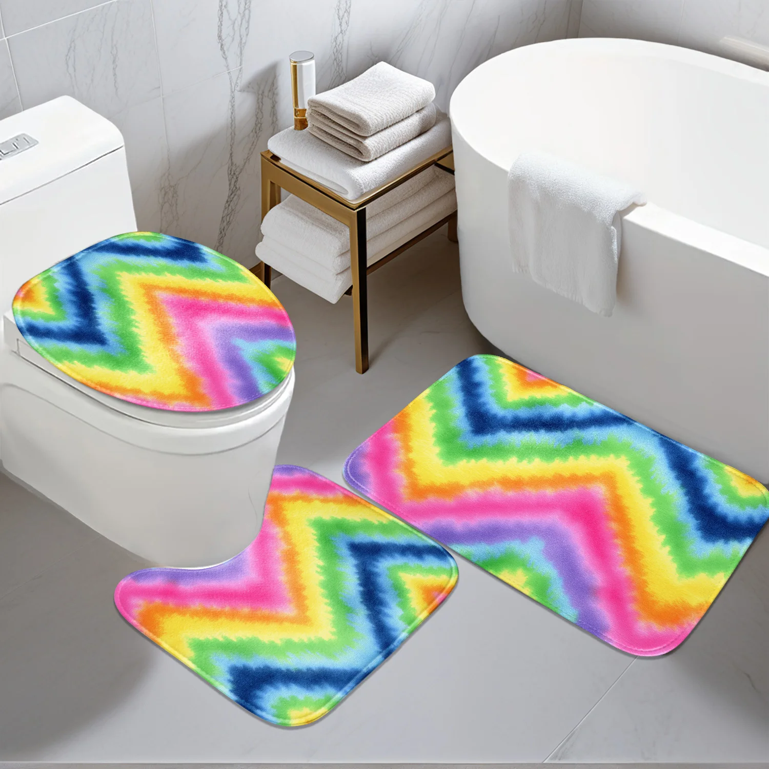 

Bathroom Anti-Slip Mat Set - 3pcs Kit with Colorful Wave Pattern, Digital Print Design - Includes Non-Slip Mat, U-Shaped Mat