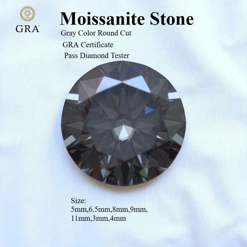 

Moissanite Stone Gray Color Round Cut 3.0mm-11.0mm Diamond Tester Pass Gemstone for Diy Jewelry Making with Certificate