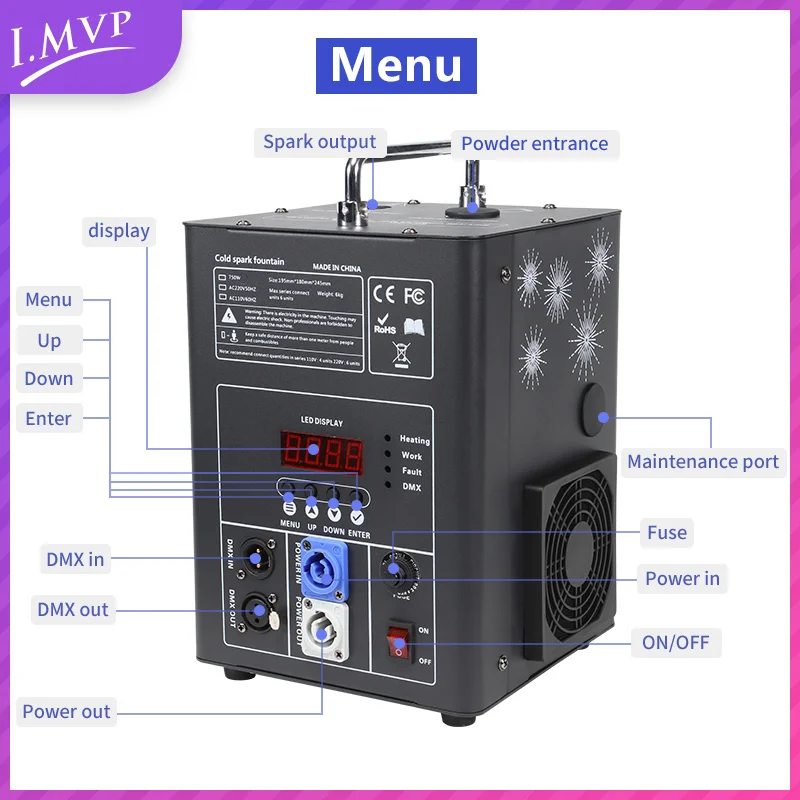 Machine à étincelles froides avec poignée, effet de fontaine d'étincelle de scène 650W, télécommande DMX, écran numérique