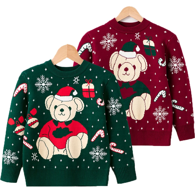 2023 New Winter Keep Warm Boys Girls Sweater 2 Color Cartoon Bear Knitted Shirt For Kids Children Christmas Present