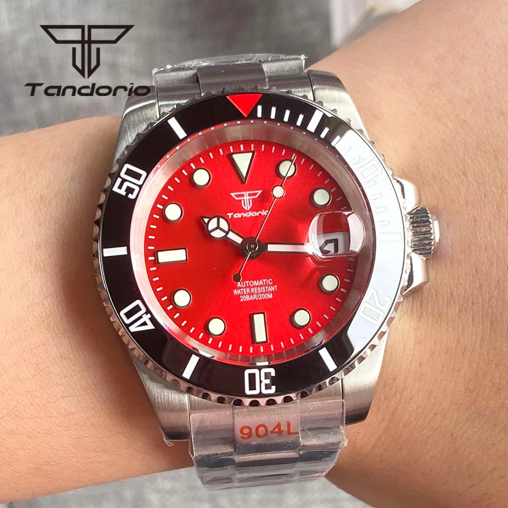 

Tandorio NH35A 40mm Dress Stainless Steel Automatic Wristwatch for Men 200M Red Sunburst Dial Date Rotating Bezel Sapphire Glass