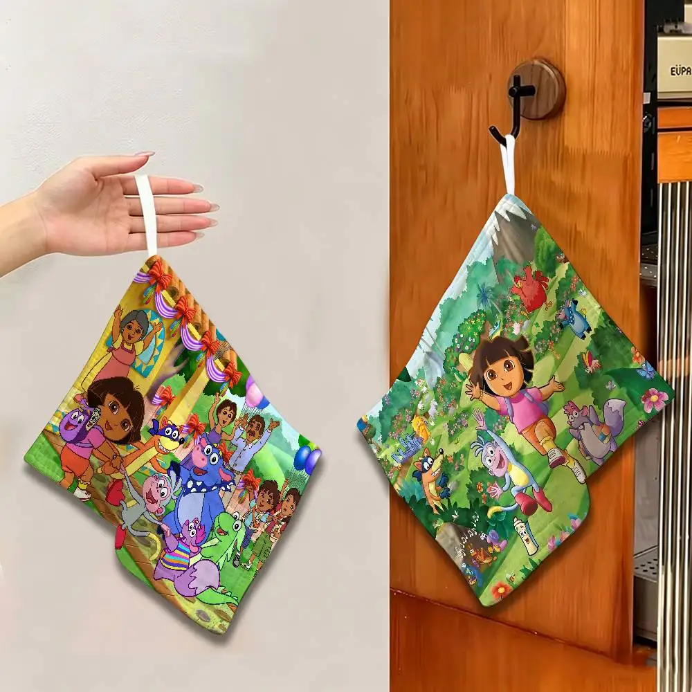 Cartoon D-Doras The Explorer Theme Polyester Cotton Hanging Hand Towel, Super Absorbent Hand Wiping Towel for Daily Use