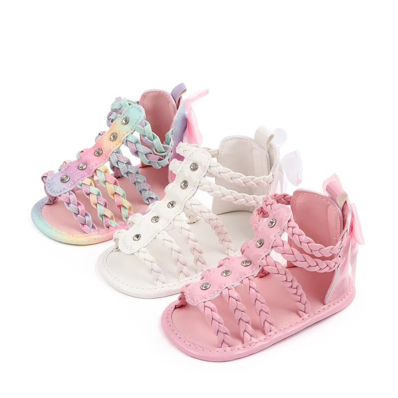 Babyshoes Girls Roman Sandals Open Toe Braided Solid Color Simple Rivets New Summer Hollow Flat Casual Shoes Kids Fashion Casual