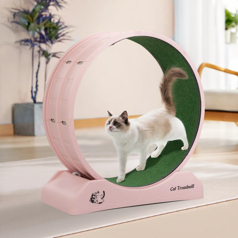 

Cat Running Wheel, Small Animal Exercise Treadmill w/ Locking Mechanism, Carpet Runway, Cat Teaser Toy, Indoor