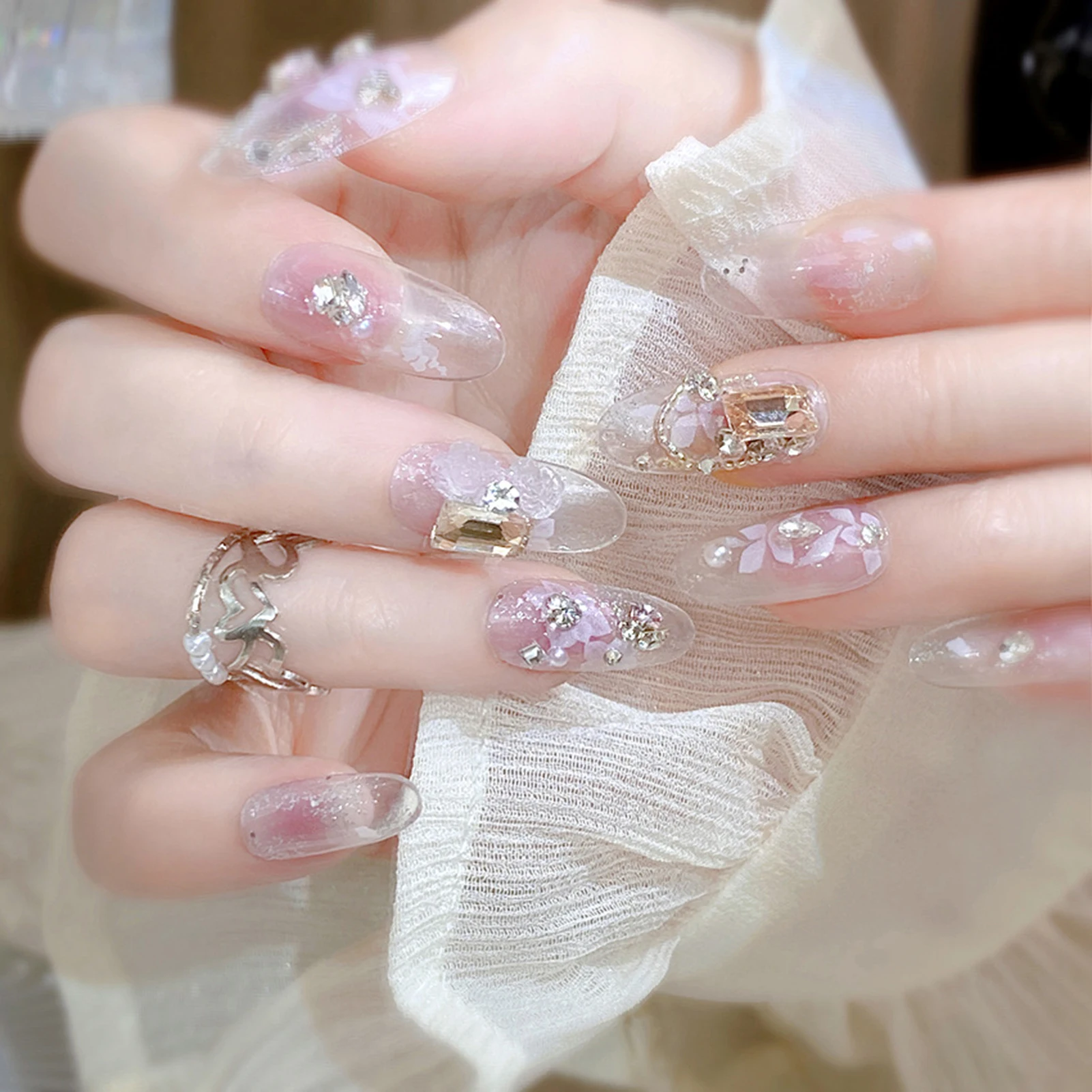 Fresh Style Clear Fake Nails with Blush Decor Long Lasting Safe Material Waterproof False Nails for DIY Home Nails Art