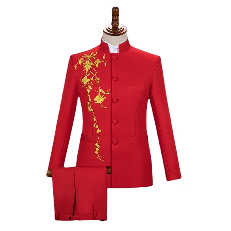 New Men Stand Collar Embroidery Suit 2 Piece Black / White / Red Fashion Male Stage Party Perform Blazer and Trousers