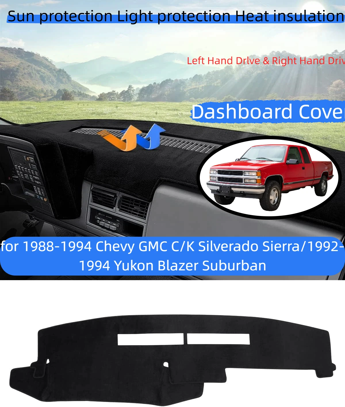 Flannel Dash Cover for 1988-1994 Chevy GMC C/K Silverado Sierra/1992-1994 Yukon Blazer Suburban - Sunshade Anti-Glare UV Protect