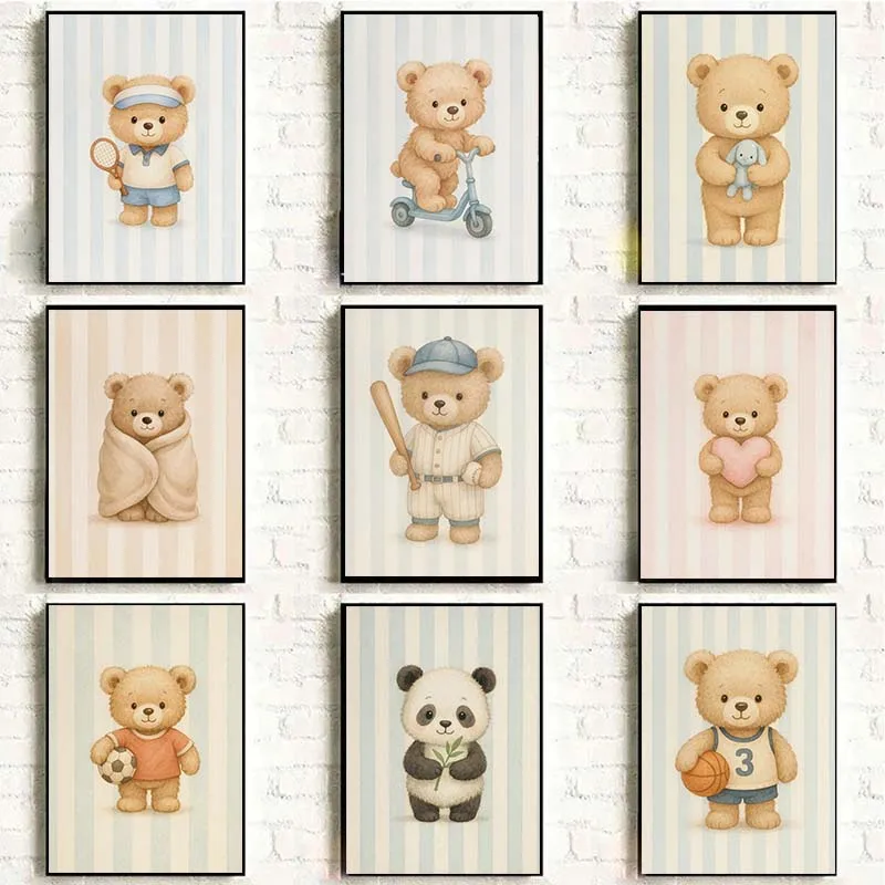 Panda Plays Tennis with Bamboo – Teddy Bear Basketball Reading Blue Stripes Frameless Canvas Poster for Sports Nursery Home D