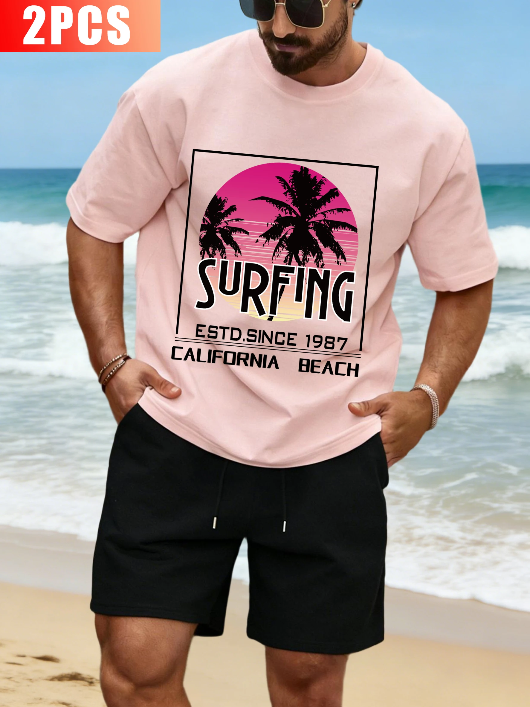 

Surfing Estd Since California Beach Men Sportsuit Casual Cotton Tee Loose Drawstring Fashion Pants Unisex Summer O-Neck Top