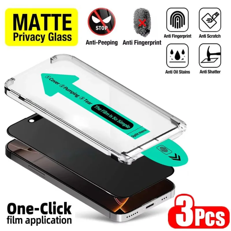 

3Pcs Oleophobic Dust Free Easy Installation Matte Privacy Screen Protector For iPhone 17 16 13 12 11 14 15 Pro Max XS X XR Glass