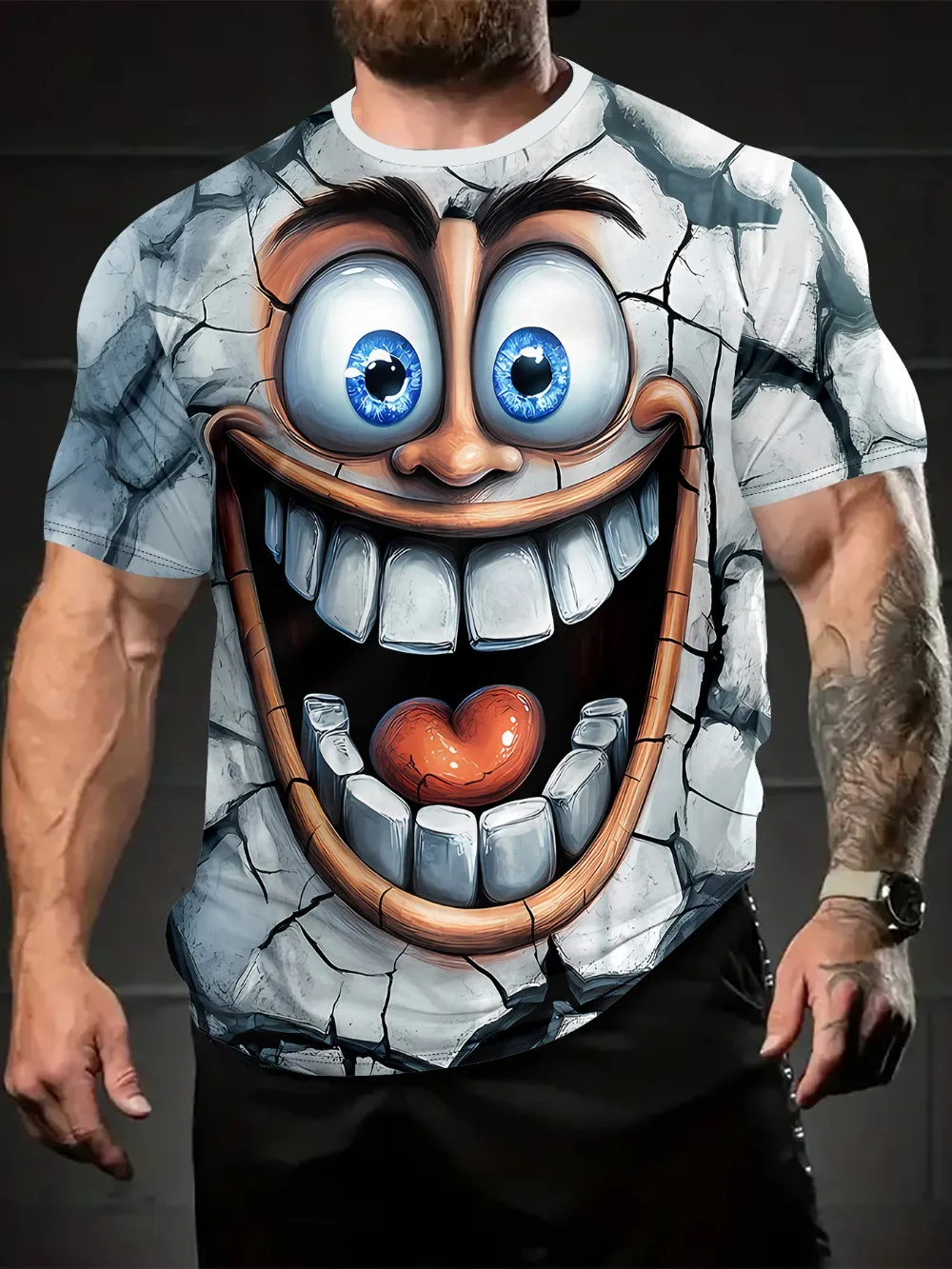 Weird and Exaggerated Big Smile Cracked 3D Printed Men's T-shirt Quick-drying Breathable Outdoor Sports Casual Wear Short Sleeve