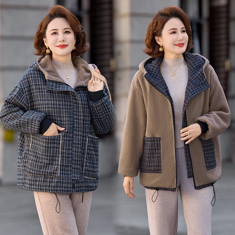 

Двусторонняя флисовая женская зимняя бархатная куртка ягненка, повседневное универсальное короткое хлопковое пальто с капюшоном, клетчатая куртка, топ для женщин