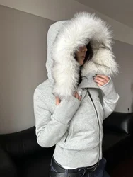European fashion hooded sweater coat original retro design personality recommended slim fluffy zipper hooded coat oversized hat.