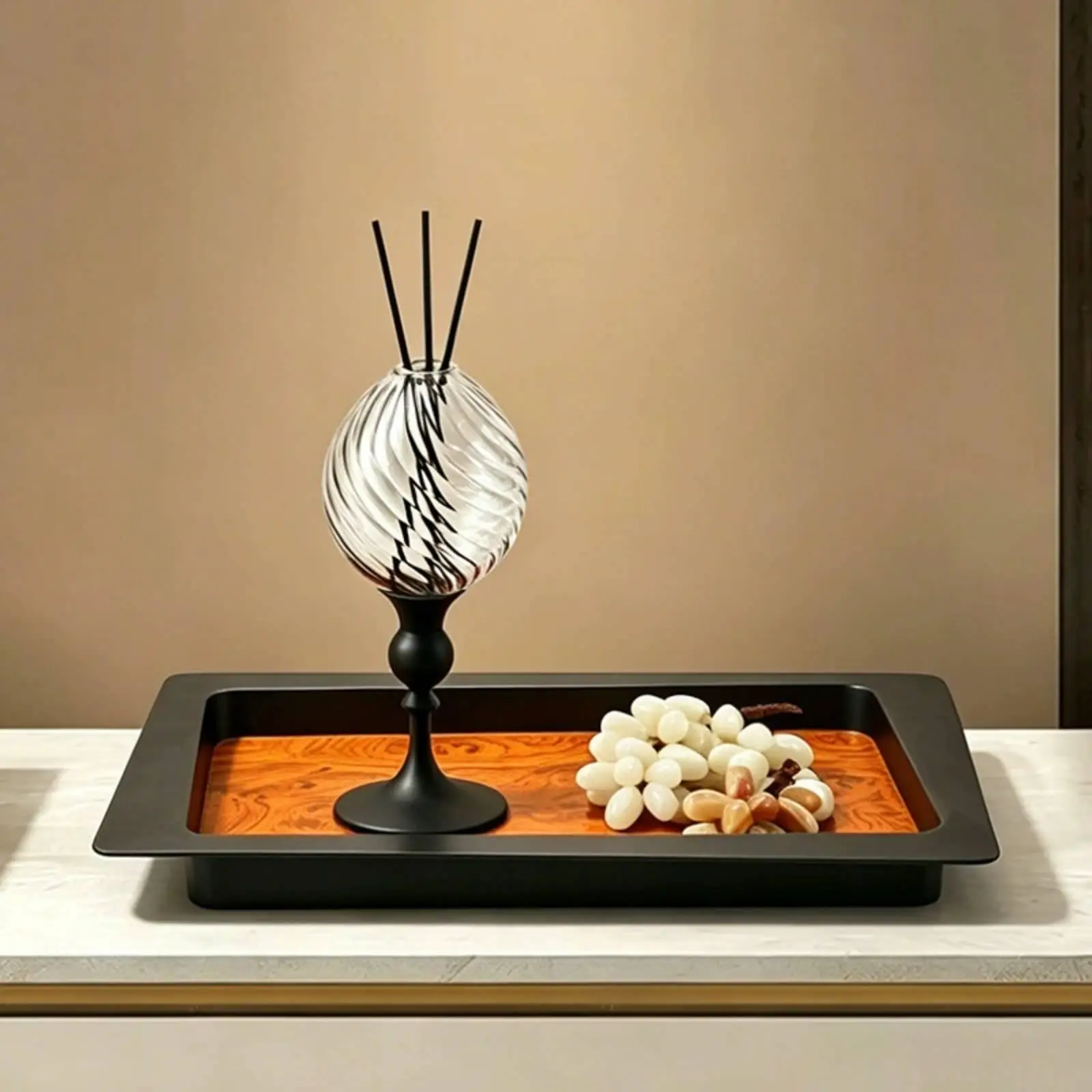 Metal Decorative Tray Black Wood Grain Rectangle Presentation Tray Elegant Accessory Tray for Home Decor